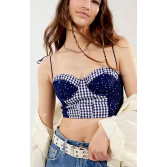 Urban Outfitters Blue Gingham Go Sweet On You Bustier Crop Top - Picture 1 of 6